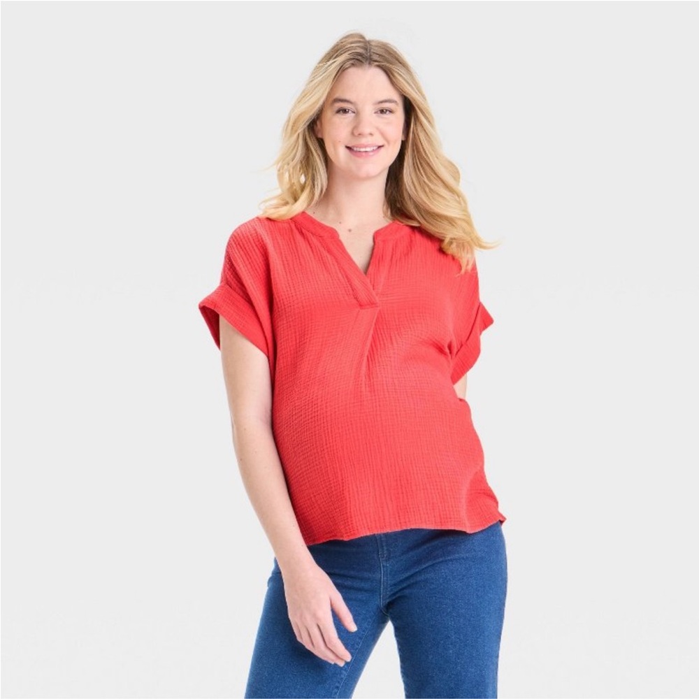 Isabel Maternity Short Sleeve V-Neck Maternity Gauze Blouse Coral Pink Size XL